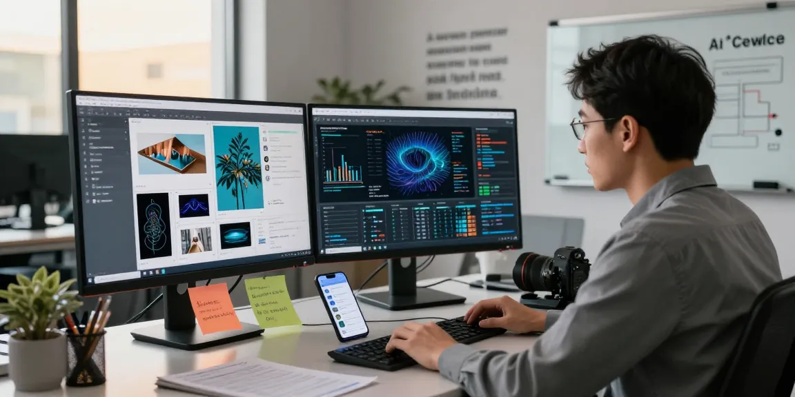AI image checker analysis in a modern workspace environment with dual monitors displaying data patterns.