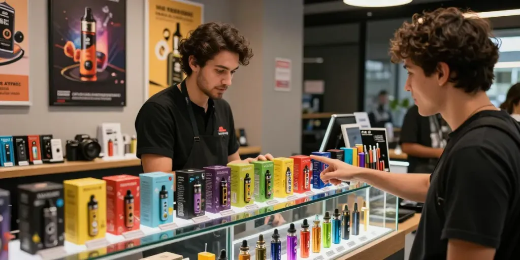 Al Fakher 8K Crystal Vapes im modernen Vape-Shop mit freundlichem Personal und lebendigen Verpackungen.