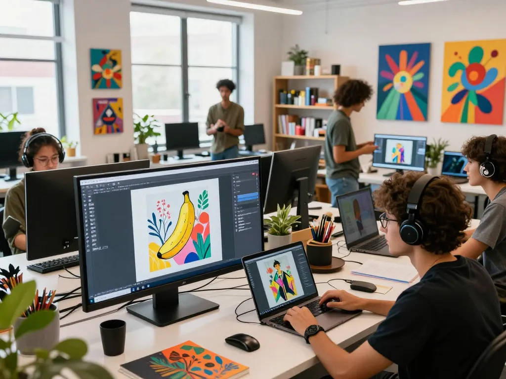 Creative artists collaborating in a digital studio using nano banana 2 AI image editor for innovative artwork.