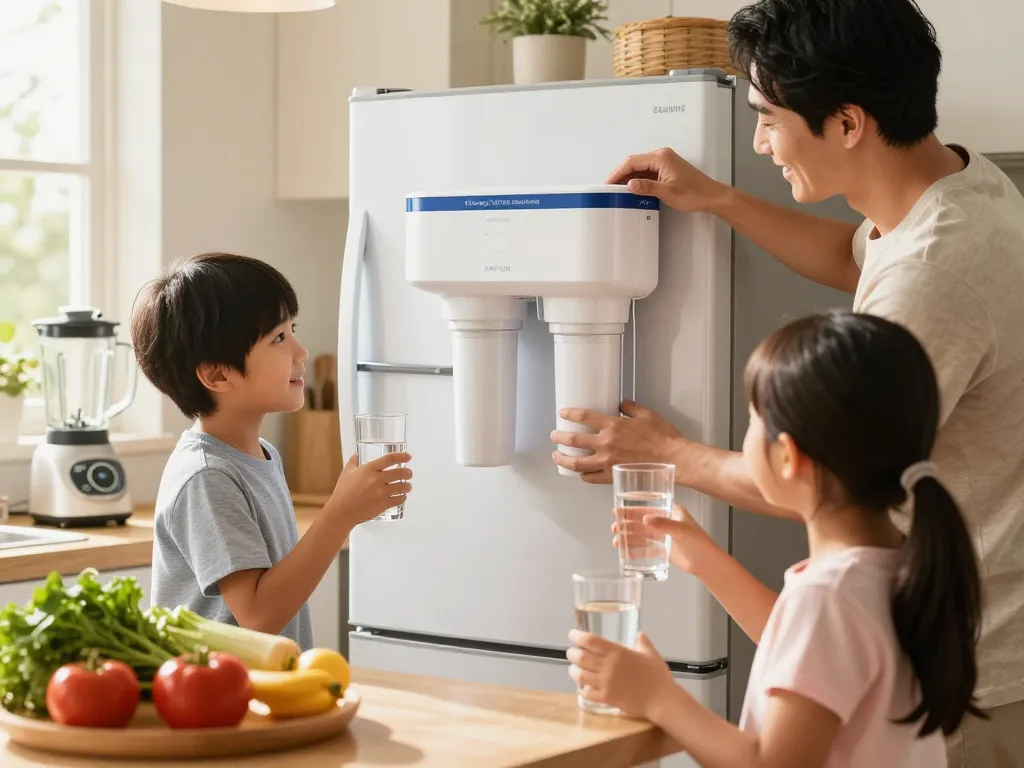 Filterlogic DA97-17376B Replacement for Samsung® HAF-QIN being installed in a family kitchen, showcasing healthy living.