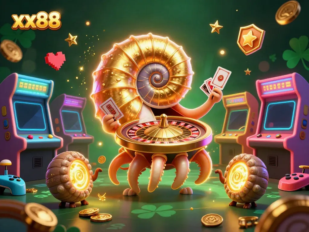 Spin to win at xx88 with a vibrant, magical 3D casino illustration featuring a nautilus roulette wheel.