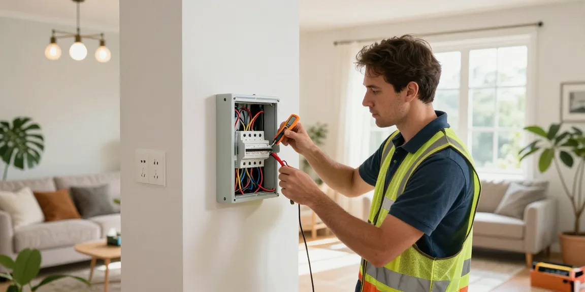 Residential electrical infrastructure upgrade in a stylish home with an electrician rewiring the circuit breaker.