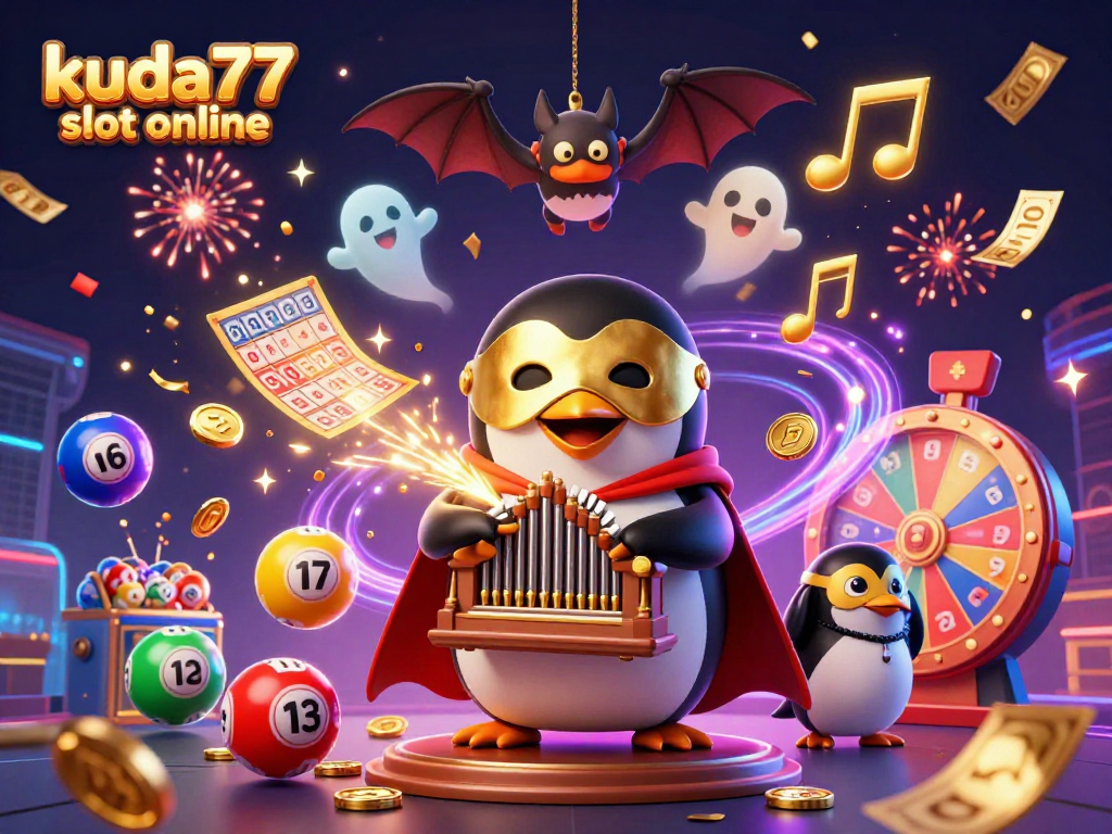 Kuda77 slot online menghadirkan festival jackpot dengan penguin memainkan organ, meluncurkan koin emas dan bola lotere berwarna-warni.