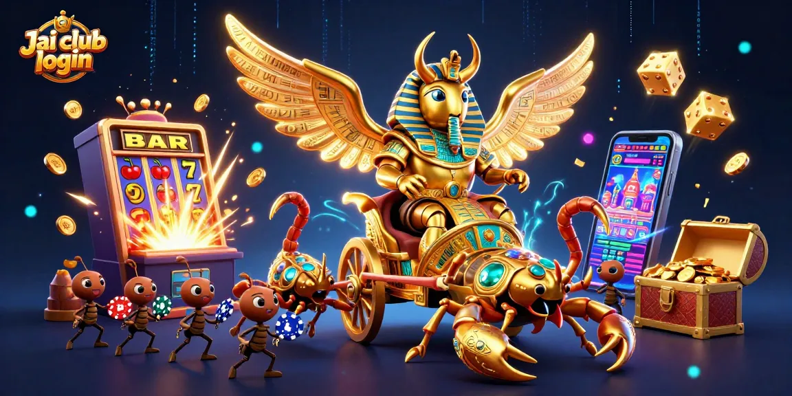 Experience the thrill with Jai club login, featuring a golden scarab and dynamic casino elements in a vibrant scene.