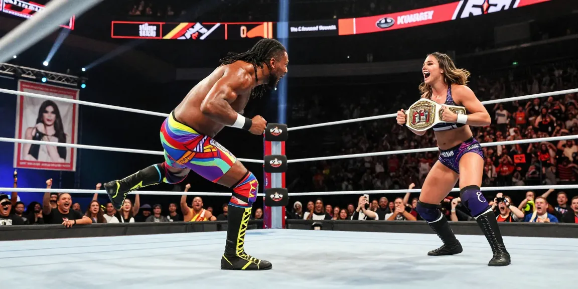 Xavier Woods and Paige showcasing teamwork in a wrestling ring during a vibrant match.