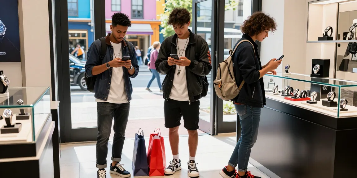 Young man exploring 시계 레플리카 in trendy urban shop, stylish outfit and luxury display enhancing shopping experience.