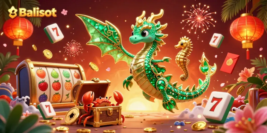 Engage with Balislot's dynamic gaming experience featuring a dragon, treasure, and vibrant casino elements.