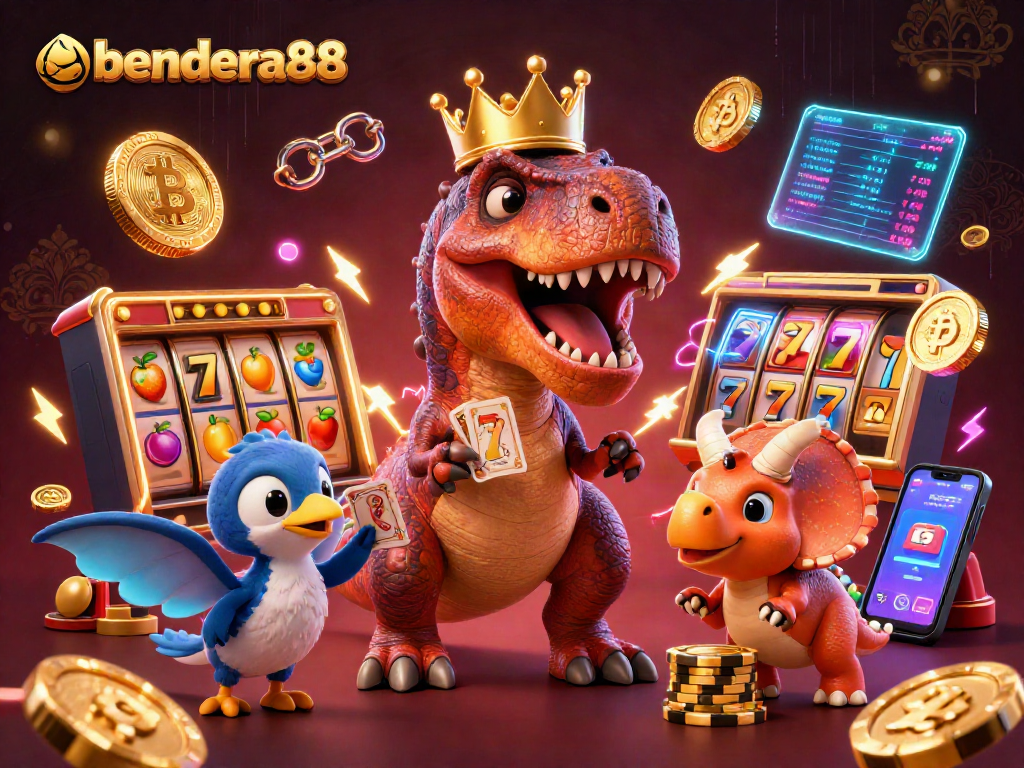Permainan slot bendera88 dengan T-Rex dan pterodactyl di atas kartu, dikelilingi koin crypto.
