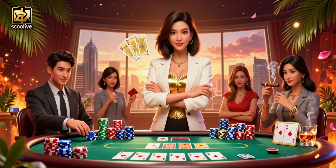 Socolive offers an exciting gambling experience with a stunning poker scene featuring a powerful woman confidently showcasing her winning deck of cards.