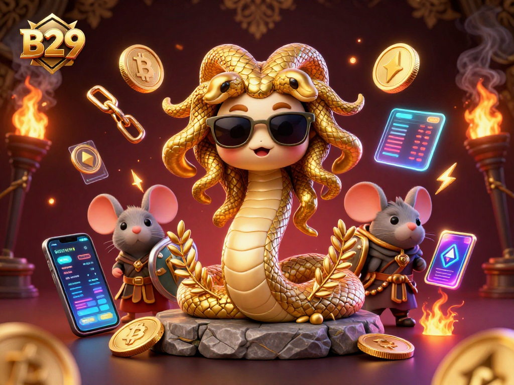 B29 players engage in thrilling casino games surrounded by vibrant crypto elements and dynamic illustrations.