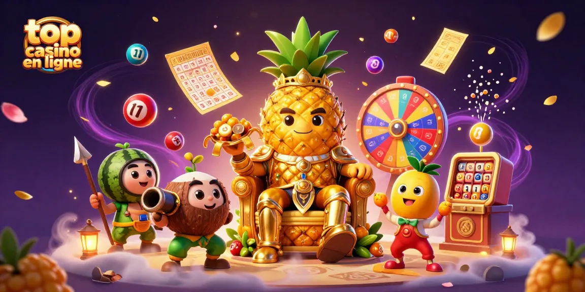 Vivez l'expérience du top casino en ligne avec un roi ananas et ses gardes sur une plage casino.