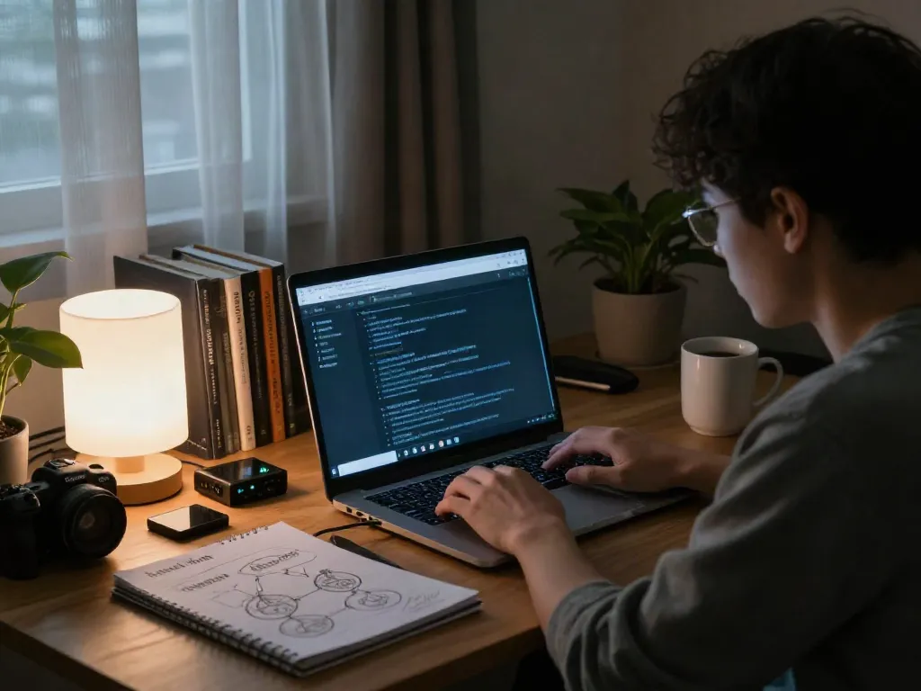 Researching the hidden wiki dark web with tech gadgets and notes.