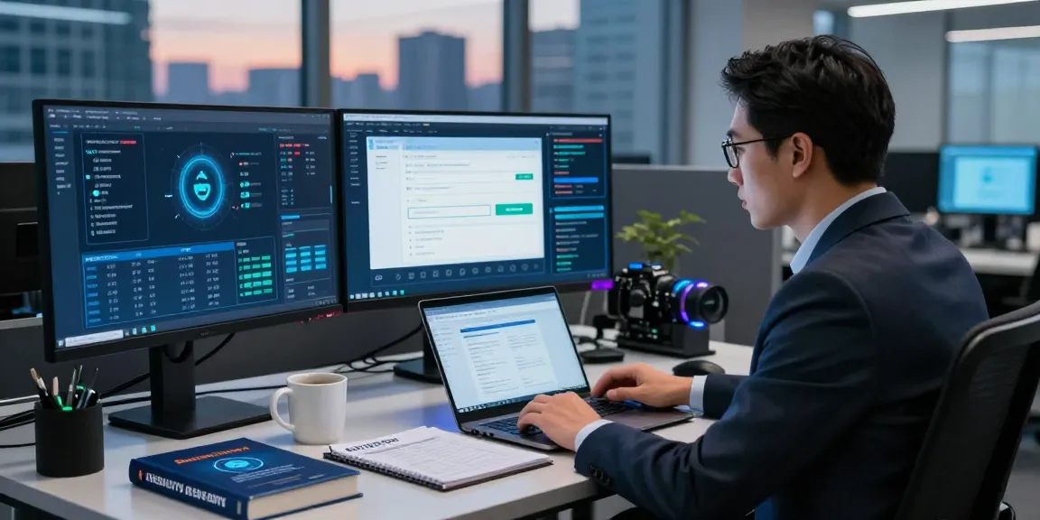 IT professional ensuring secure access protocols at https://shs-dome5.com/ with dual monitors showcasing security checks in a modern office.