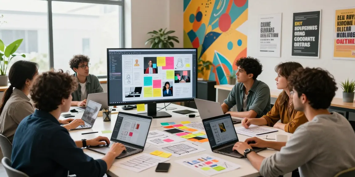 Team brainstorming on a mixboard in a vibrant creative workspace
