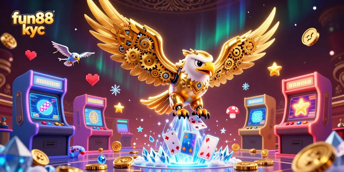 Khám phá fun88 kyc với biểu tượng đại bàng vàng bay qua các quân bài holographic tại sòng bài trực tuyến.