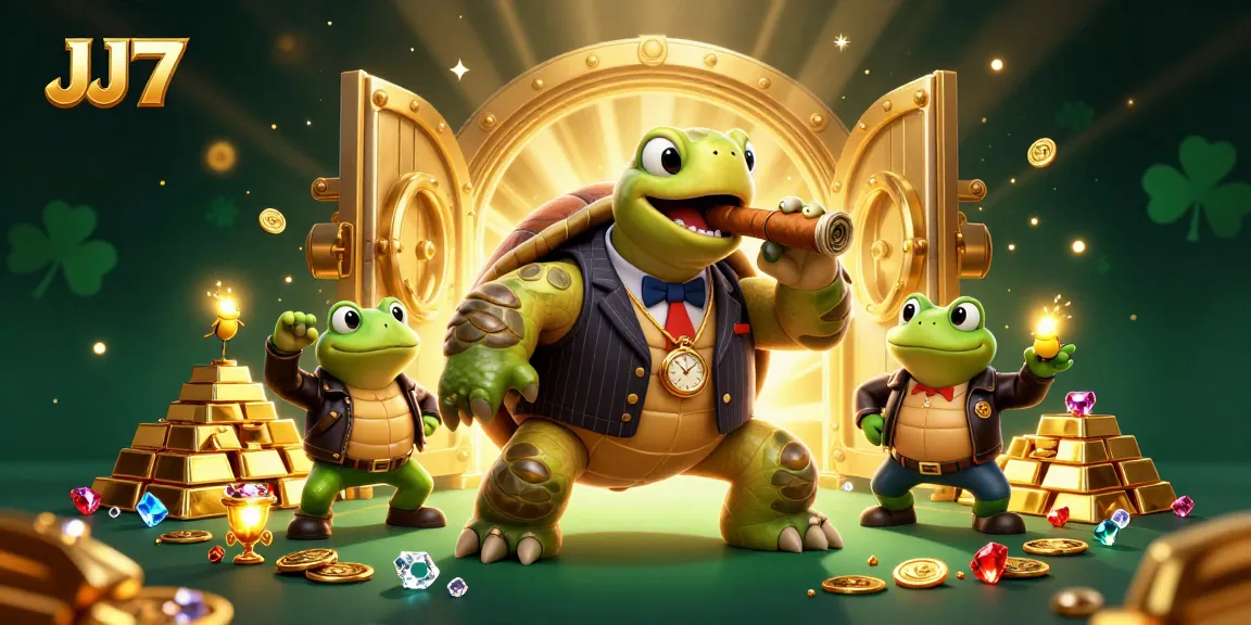 JJ77 casino app illustration featuring a cartoon snapping turtle and bullfrog enforcers amidst treasures and vibrant lights.