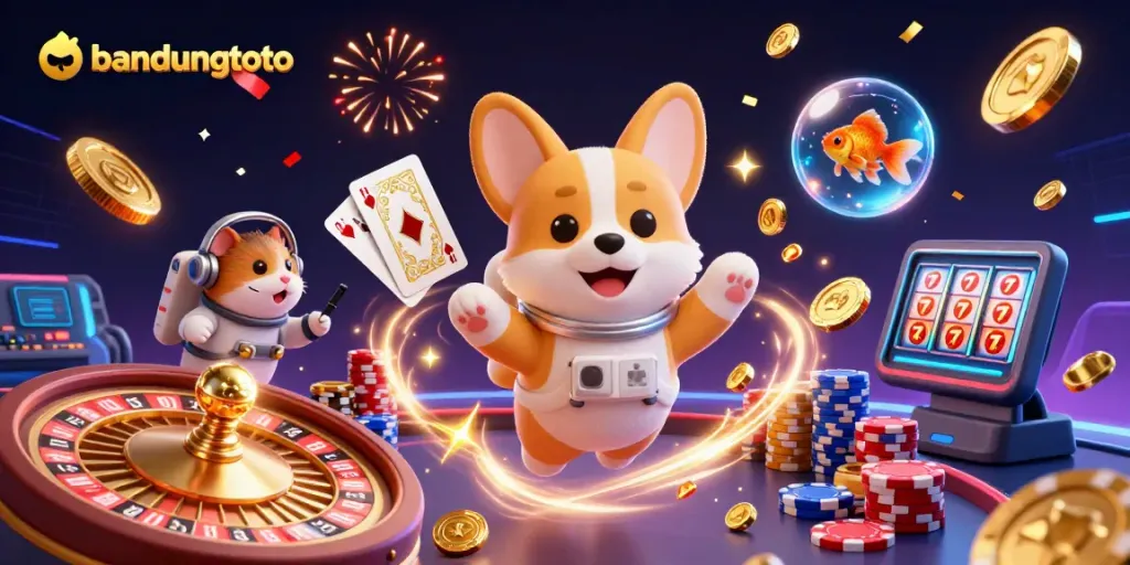 Engage in exciting gaming with bandungtoto's fun 3D cosmic casino adventure featuring floating coins and gems.