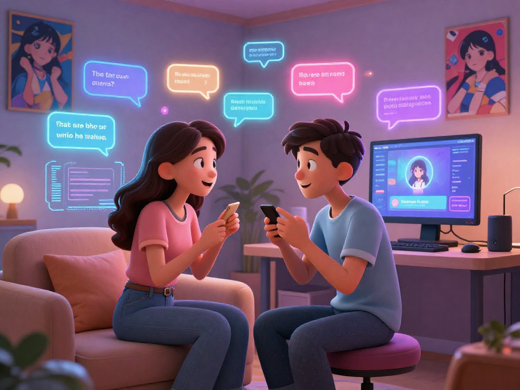 Engaging user in vibrant hentai AI chat scene with animated characters and interactive digital interface.