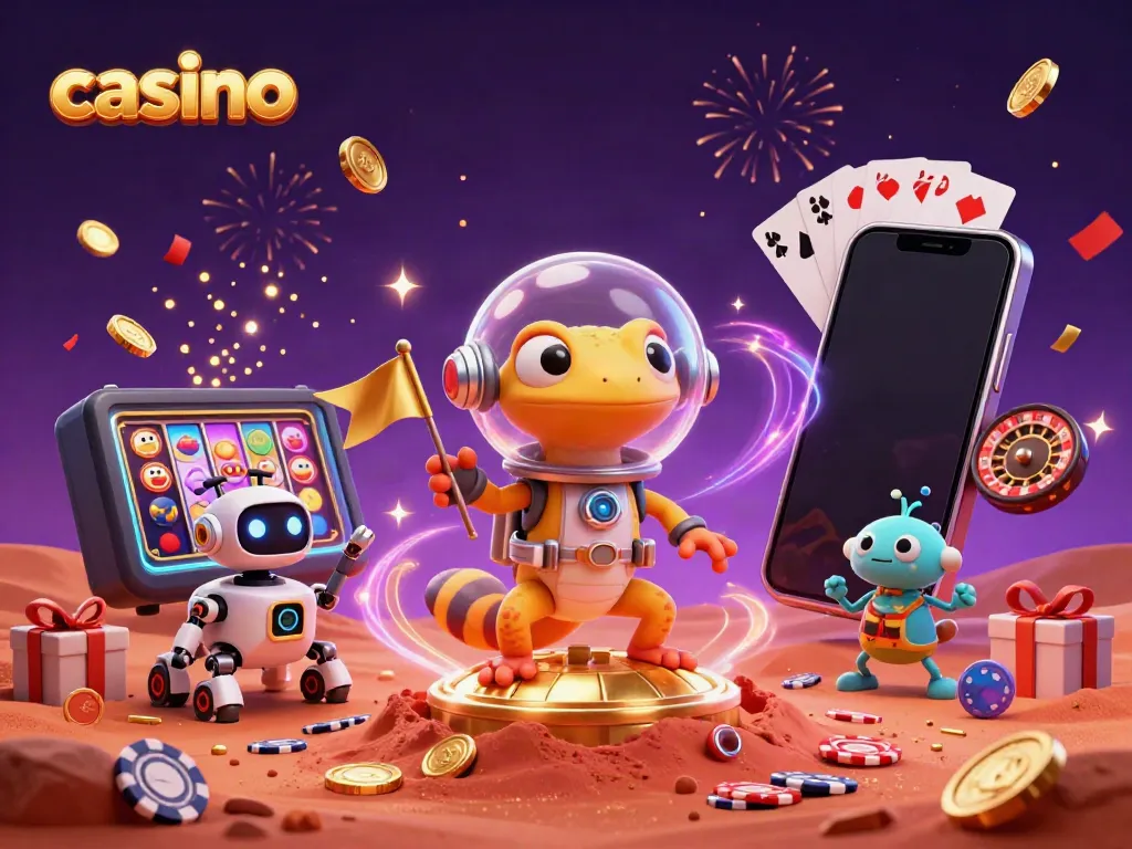 Martian gecko and robot discovering a golden casino amidst celebratory confetti