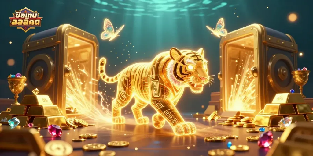 Experience the excitement of ชื่อเกมสล็อต with a golden tiger and shimmering treasure in a vibrant digital casino.