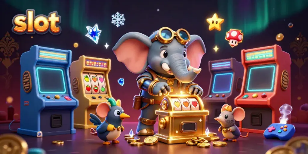 Spin the slot machine with a steampunk elephant engineer and whimsical game elements