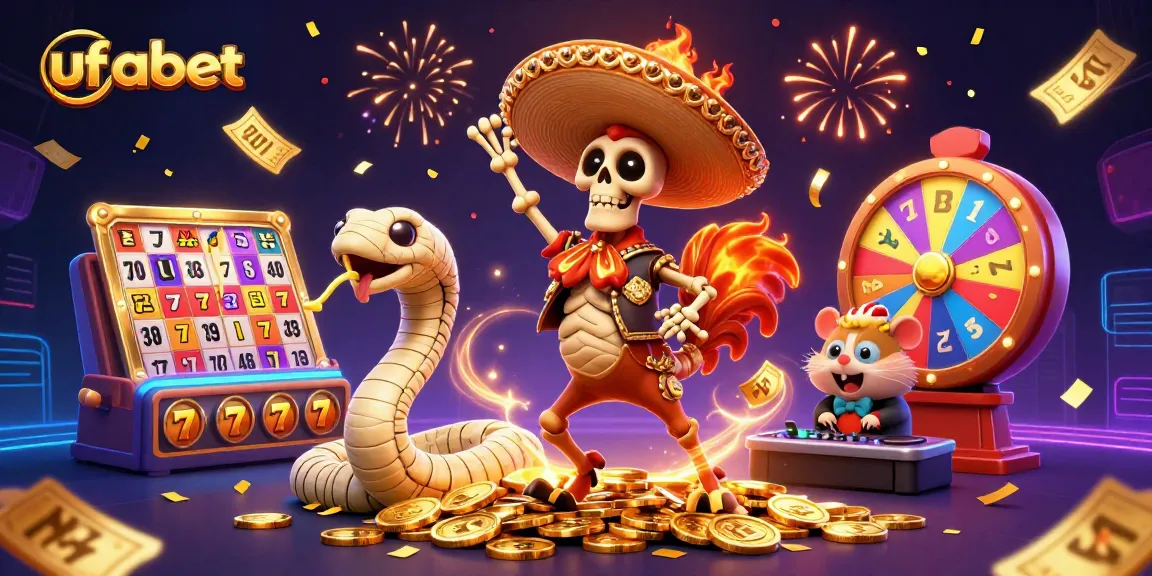 Experience dynamic ufabet gaming with slot reels, golden coins, and festive elements in a vibrant scene.