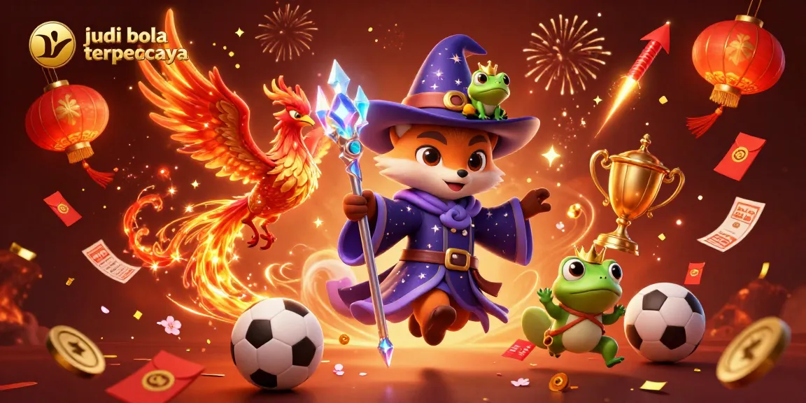 Bet on judi bola terpercaya with an animated wizard fox and phoenix in a vibrant casino scene.