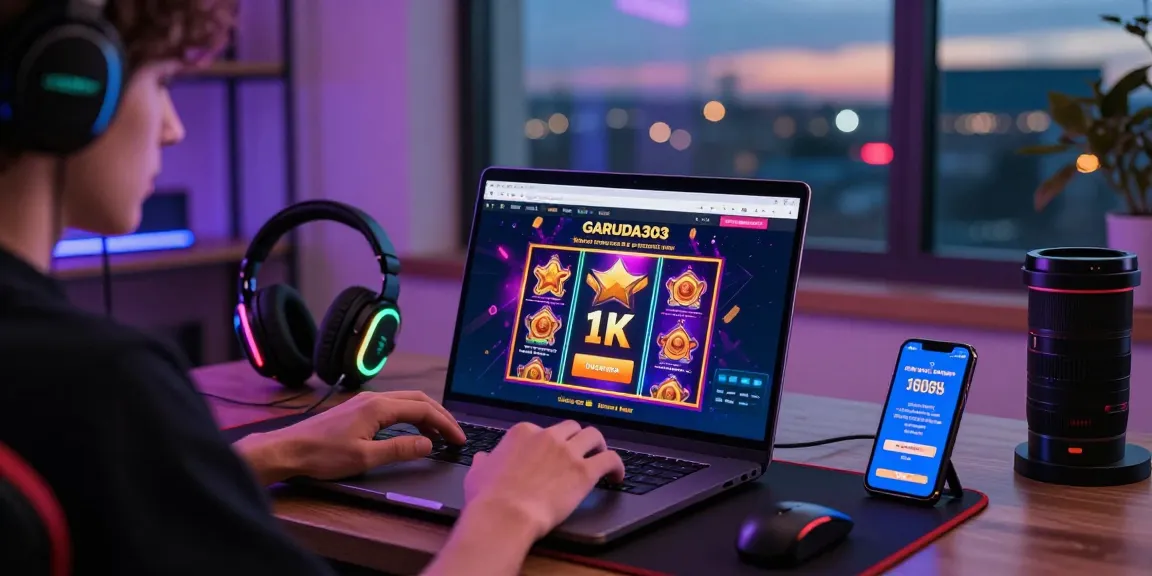Exciting gaming setup showcasing slot deposit 1k interface on a laptop with vibrant colors for a dynamic online gambling experience.