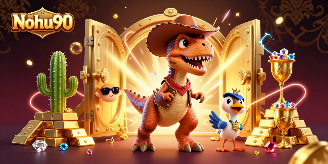 Nohu90 captivates gamblers with a vibrant jackpot scene featuring a T-Rex and treasure elements.