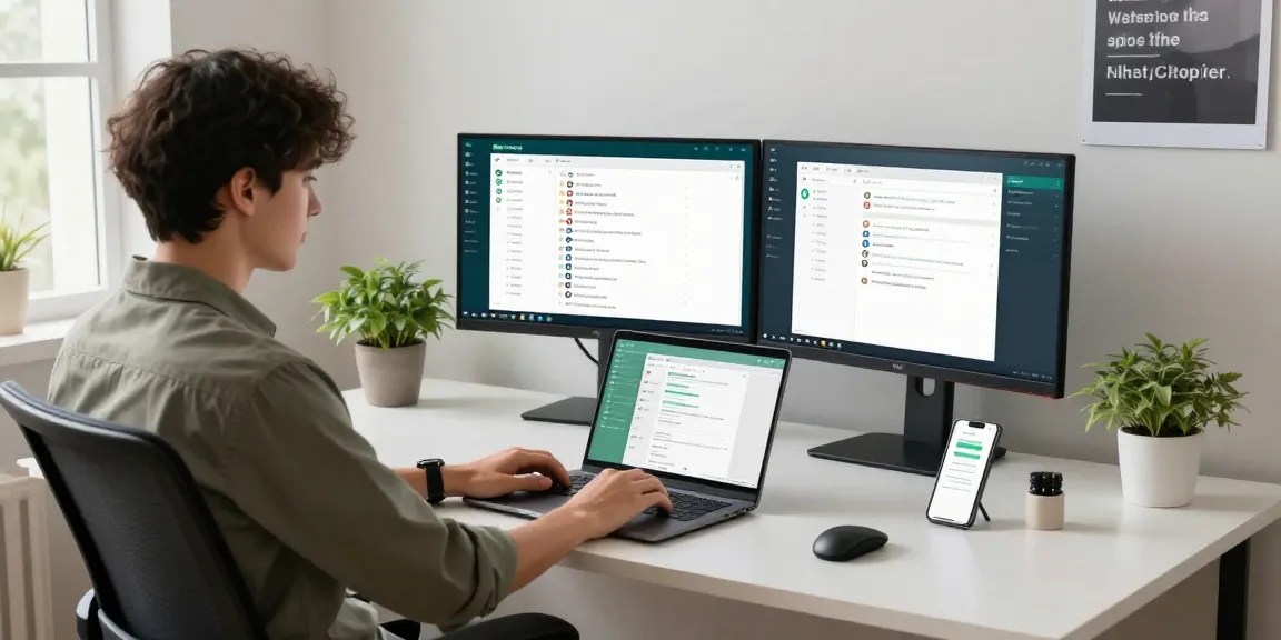 Professional using WhatsApp電腦版 on a laptop in a modern home office setup