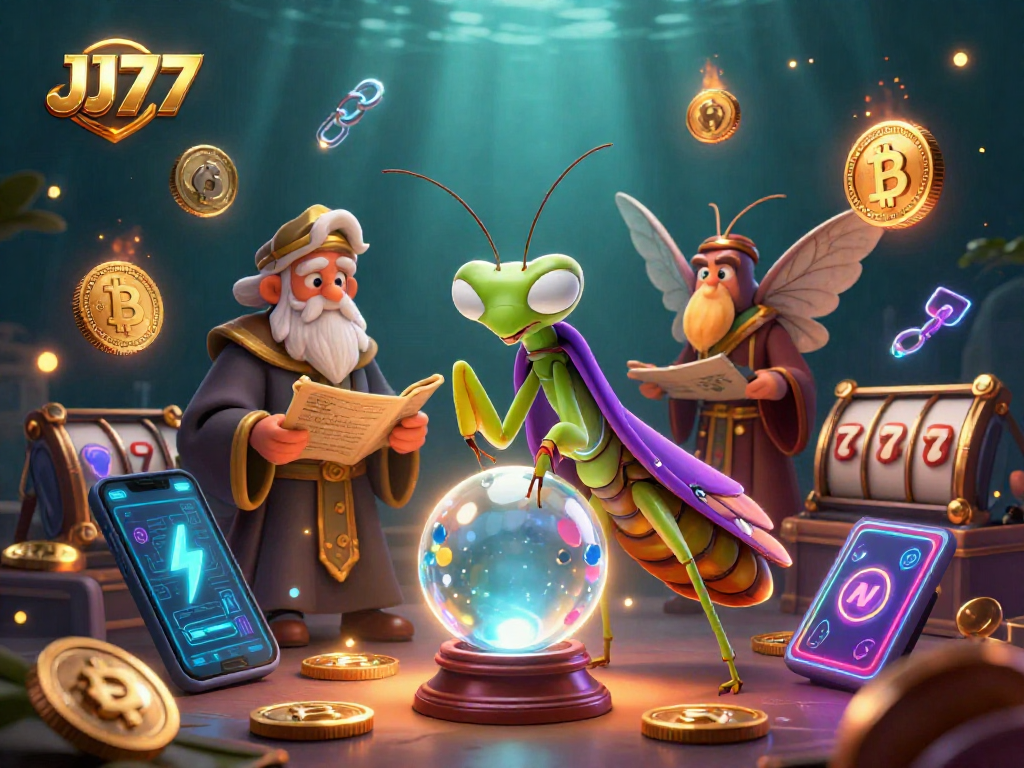 Engage with JJ77's vibrant casino scene featuring a fortune teller and crypto-themed elements.