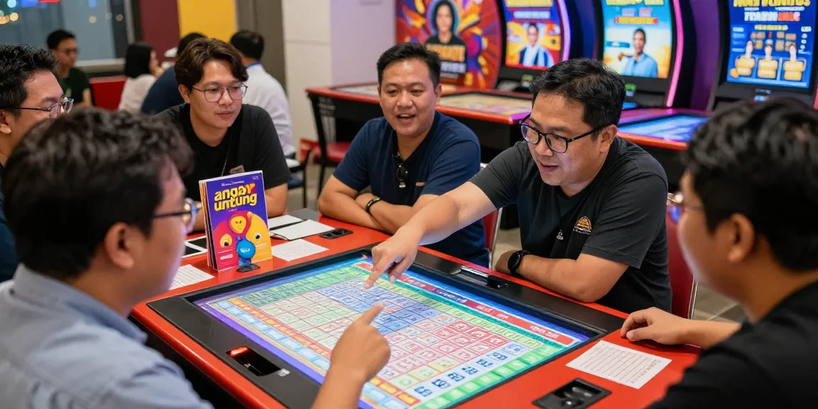 Atmosfer permainan togel dengan pemain bersemangat dan angka untung yang ditampilkan di layar