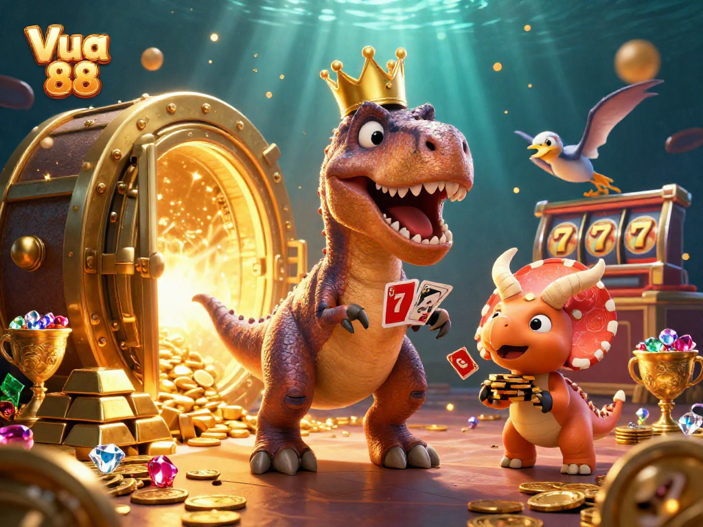 Vua 88 showcases a rich casino scene with playful T-Rex and friends gaming together.