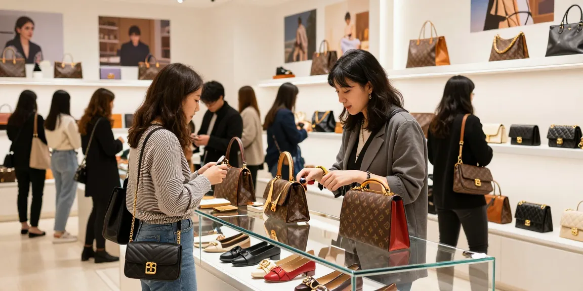 Shopper examining high-quality 레플리카 products in an upscale retail environment.