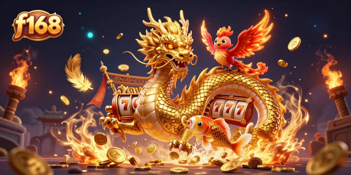 Spin and win at f168 with a fierce dragon and vibrant casino elements in a dynamic 3D scene.