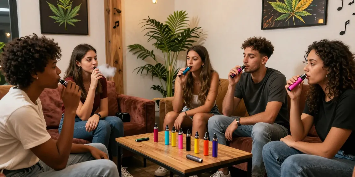 Friends enjoying Weed vape e-liquids in a cozy lounge setting with colorful vape pens and a relaxed atmosphere.