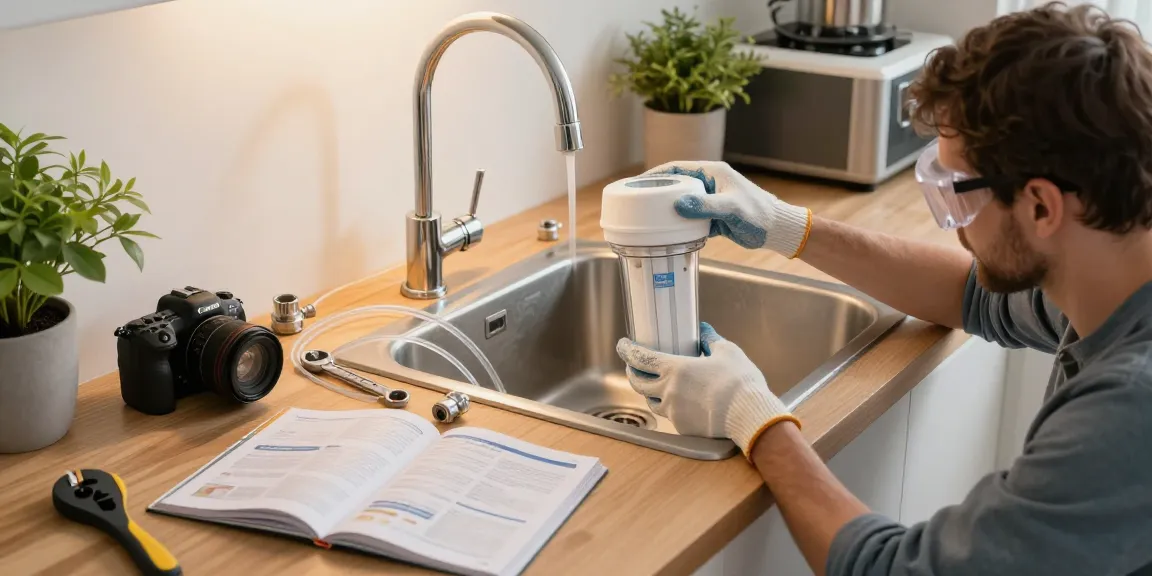 Homeowner installing a Waterdrop Spin Down Sediment Filter with tools in a bright utility room.