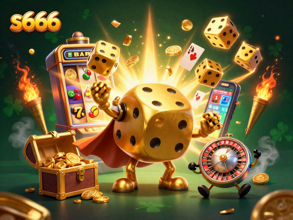 Engage with thrilling s666 gaming excitement in a vibrant 3D casino scene featuring golden dice and slot machines.