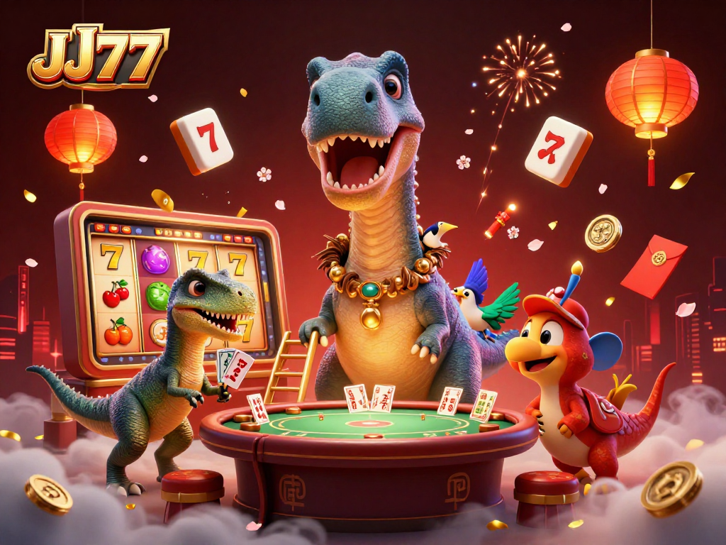 Experience the thrill of JJ77 with a brontosaurus and clever raptor in an exciting casino scene.