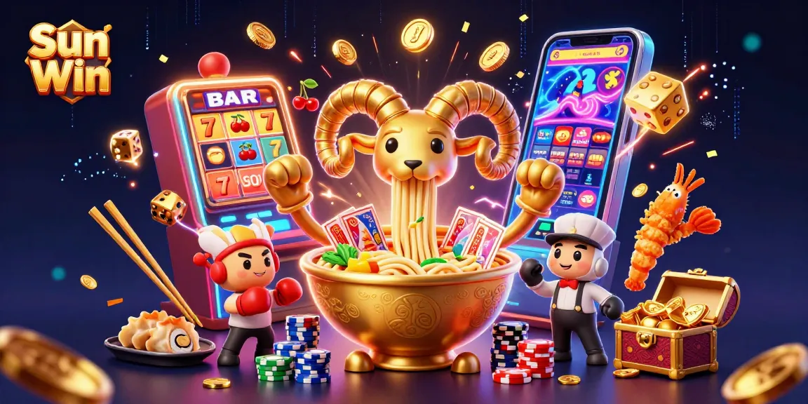 Engaging 3D illustration celebrating Sun Win, featuring vibrant characters amidst casino games.