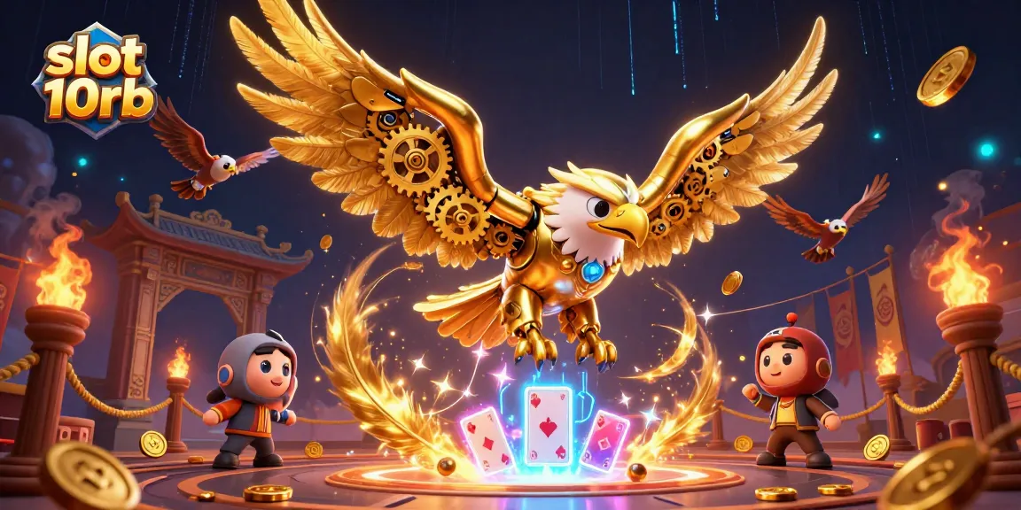 Engage with slot 10rb action in a vibrant 3D casino scene featuring a golden eagle with holographic elements.