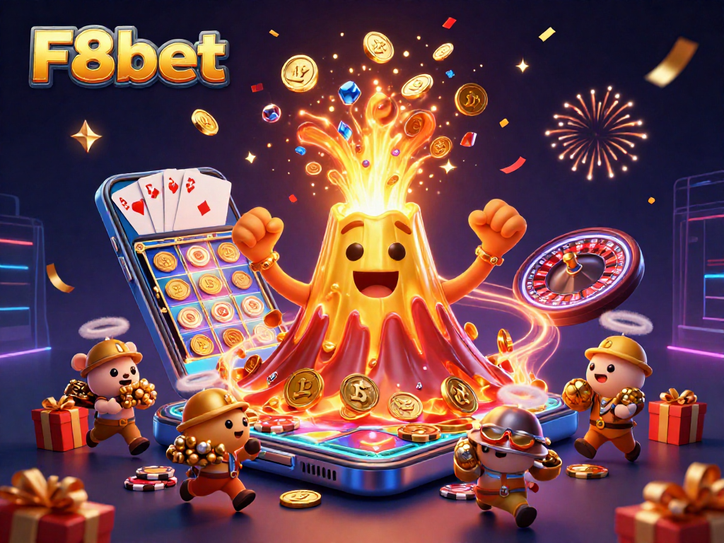 Experience the excitement of F8bet with this dynamic illustration featuring a golden volcano treasure eruption.