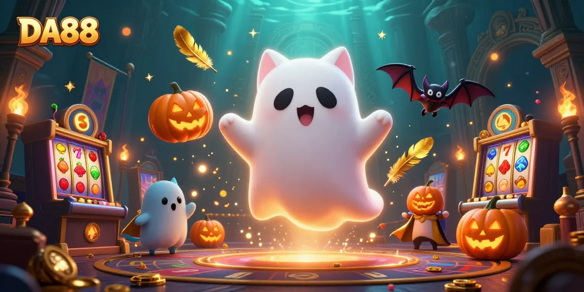Play DA88 slots with ghost cat and vampire bat in a haunted casino scene.