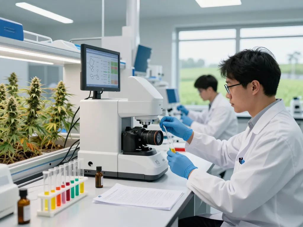 WeeDutch researchers analyzing high-quality cannabinoids in a modern lab setting.