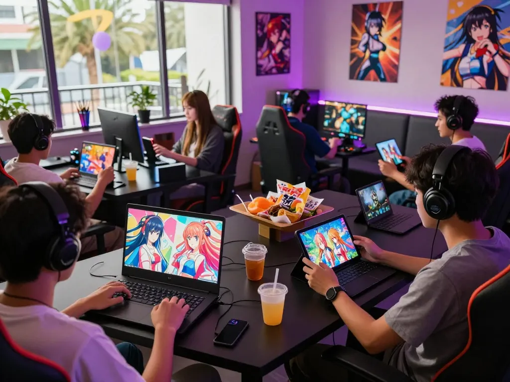 Group of gamers play porn games on various devices in a vibrant lounge.