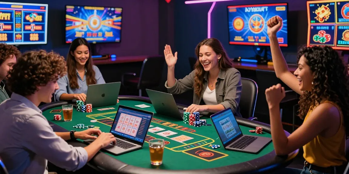 Amis excités jouant à des jeux de casino en ligne avec des options de retrait instantané, célébrant leurs victoires.