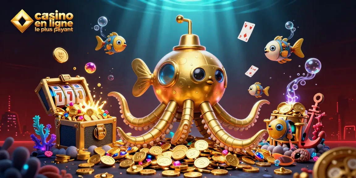 Illustration de casino en ligne le plus payant avec un kraken doré et des machines à sous entourées de pièces d'or