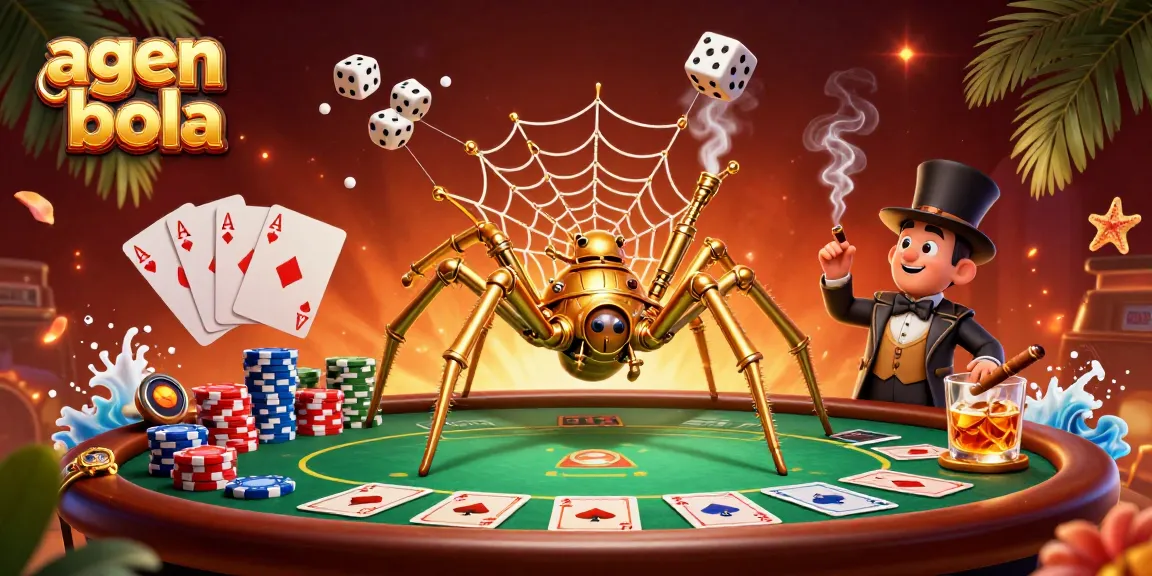 Bet on agen judi bola with a captivating 3D illustration of a steampunk spider and poker elements.