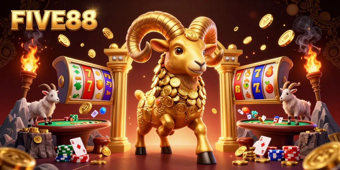 Engage with FIVE88's thrilling casino atmosphere featuring dynamic slot games and golden ram symbols.
