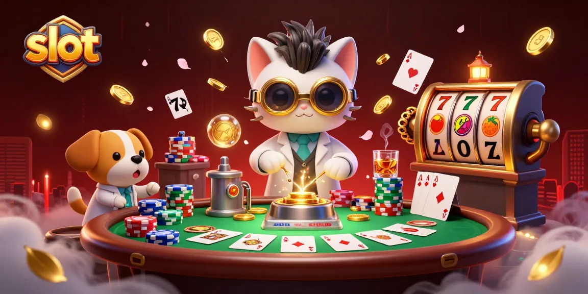 Spin the slot reels and join the mad scientist cat and dog in a vibrant casino scene.